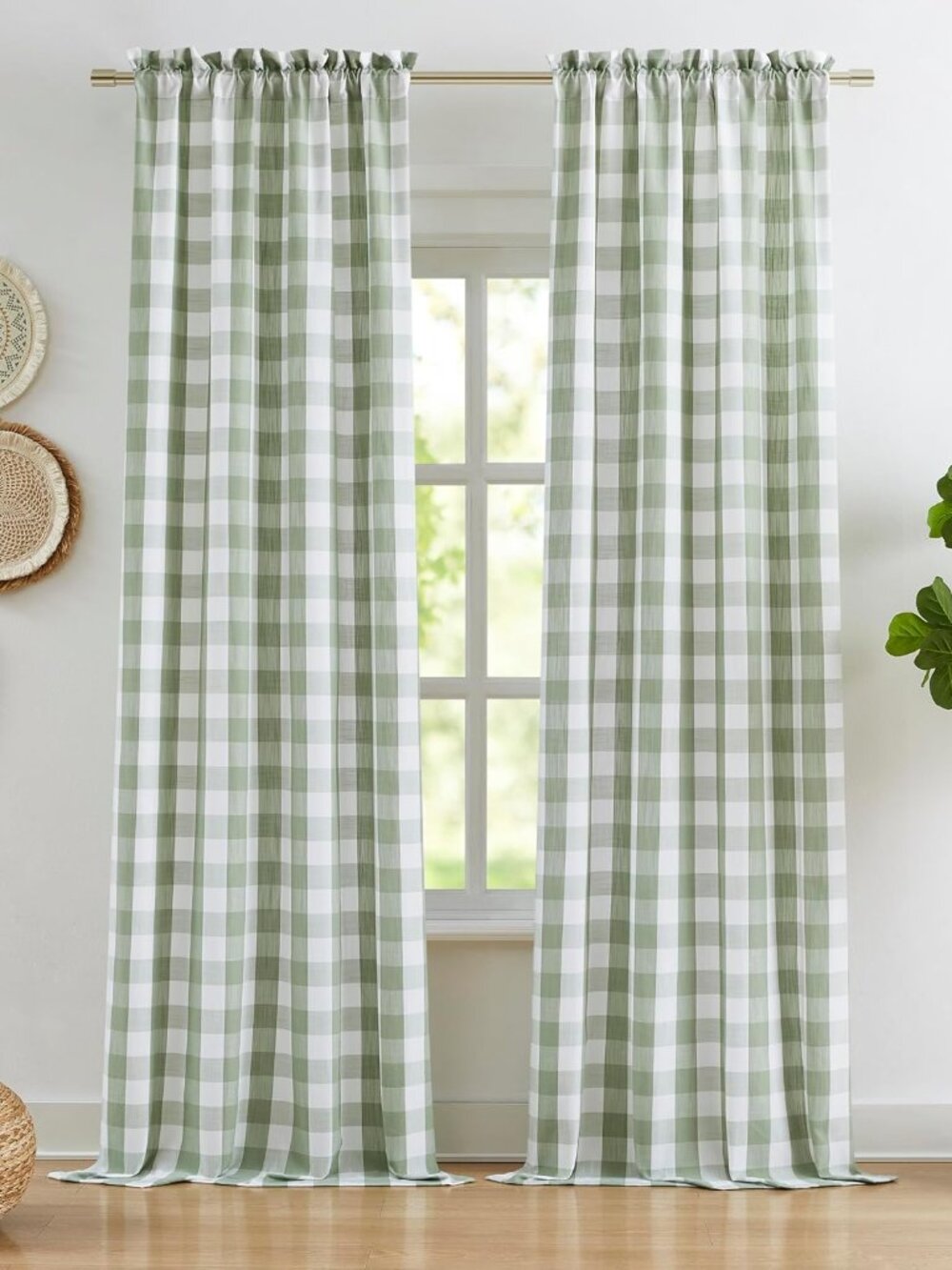 Sage Green Buffalo Plaid Semi Sheer Curtains 84 Inches Long